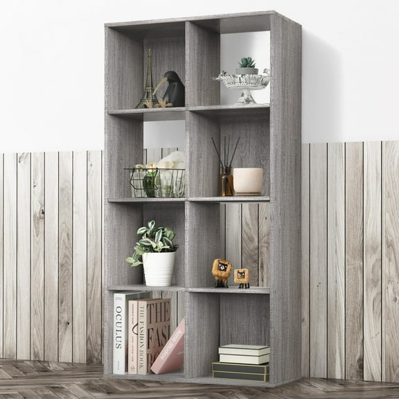 8-Cube 11-Inch Organizer Shelf with Wide Frame, Greige Oak, Multi-Purpose Bookcase for Books, Toys, Living Room