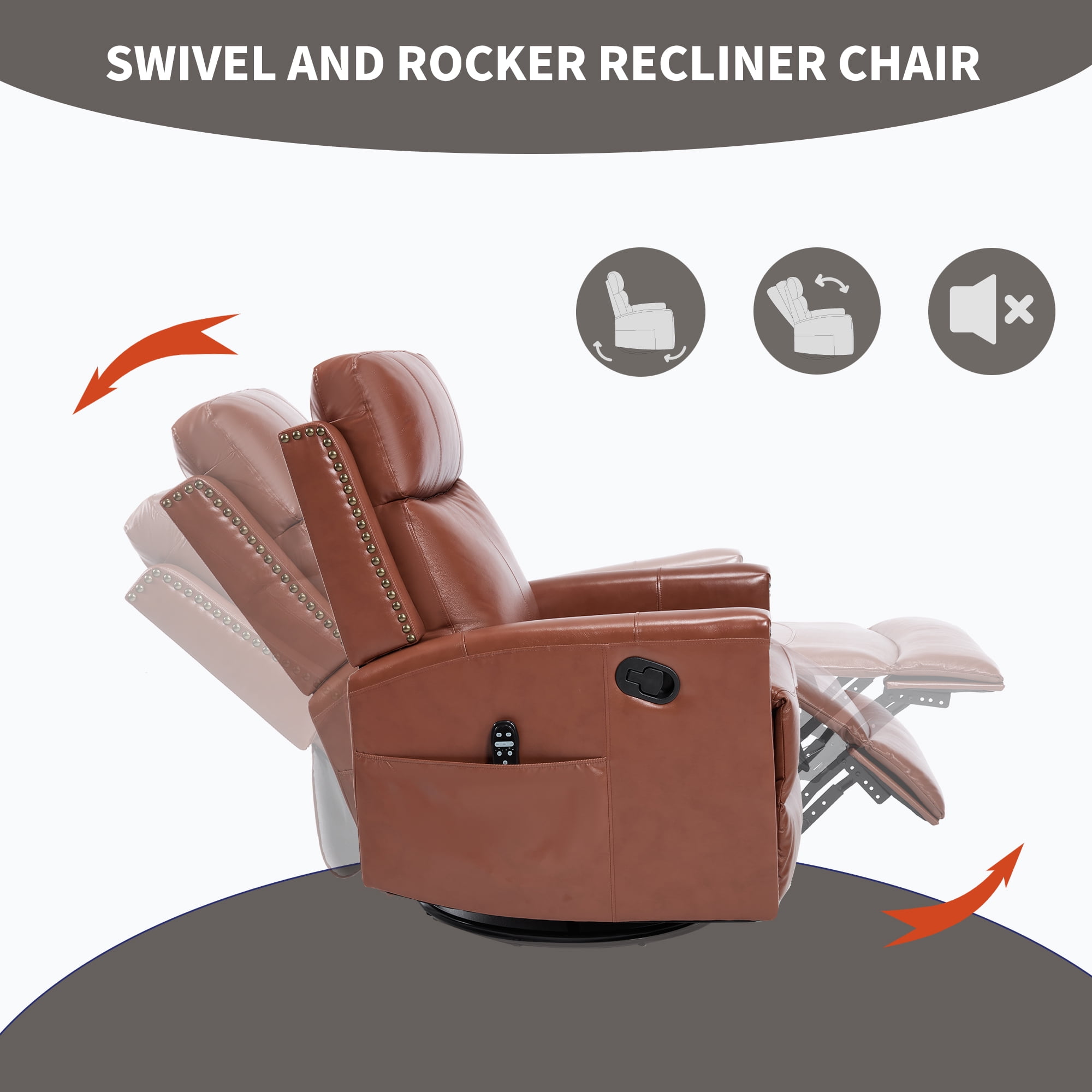 Gewnee Manual Recliner Chair,360°Swivel Massage Recliner Chair with Heat,Rocker Recliner Chair for Living Room,Bedroom.Red Genuine Leather