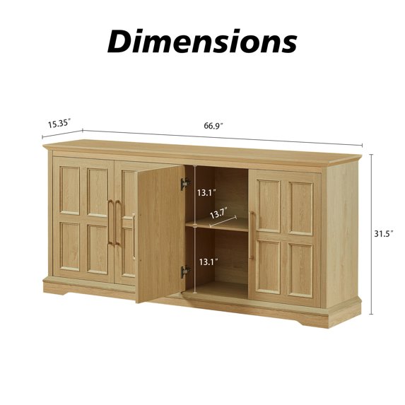 67" Large Sideboard Buffet Cabinet with Storage, Farmhouse Kitchen Cabinet with Walnut Top, 4 Door Console Cabinet for Dining Room Living Room Entryway Natural