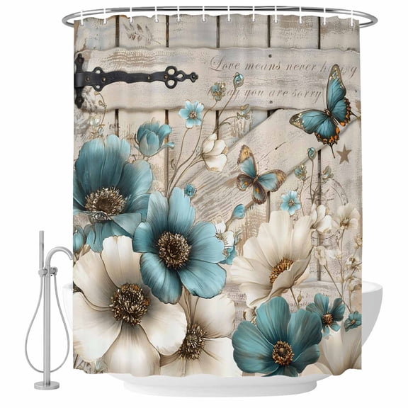 Teal Tulip Butterfly Shower Curtain, Waterproof Shower Curtains for Bathroom, Beige Turquoise Floral Farmhouse Wooden Washable Fabric Bathtub Curtain Set Bath Decor with 12 Hooks 72"x78"