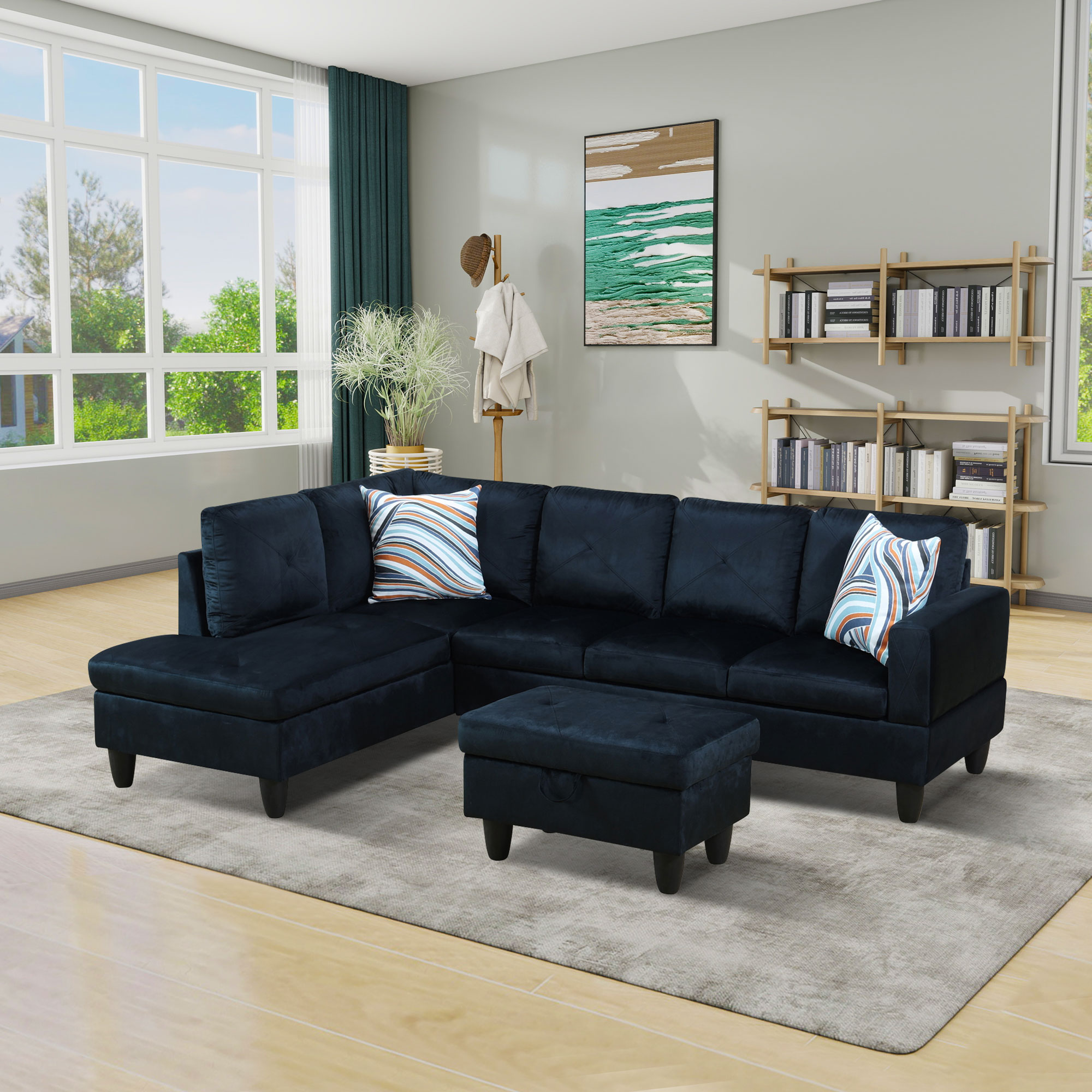 Prilinex Modern Living Room Furniture Sets, Modular Sectional Couches with Chaise Lounge, 4-Seaters L Shape Sofa with Storage Ottoman,3-Piece Sofa Set, Microfiber, Midnight Blue