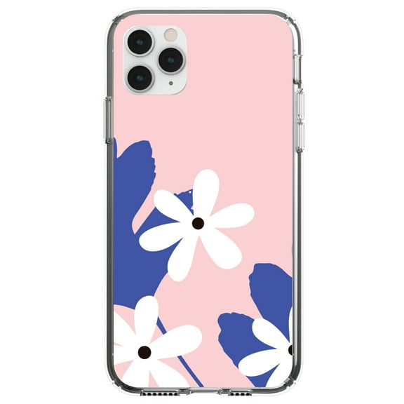 DistinctInk Clear Shockproof Hybrid Case for iPhone 11 Pro (5.8" Screen) - TPU Bumper, Acrylic Back, Tempered Glass Screen Protector - Summer Vibes Bold Flower Pink White Blue