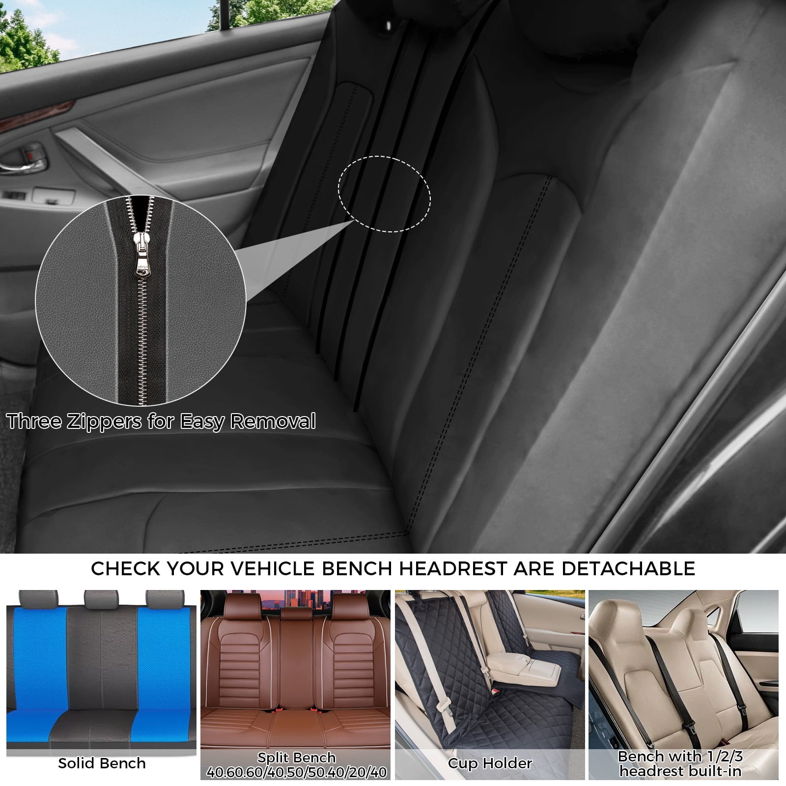 OTOEZ Universal Car Seat Covers Breathable PU Leather & Zipper Design, 5 Seats Full Set Waterproof Cushion Interior Accessories, For Solid Split Bench