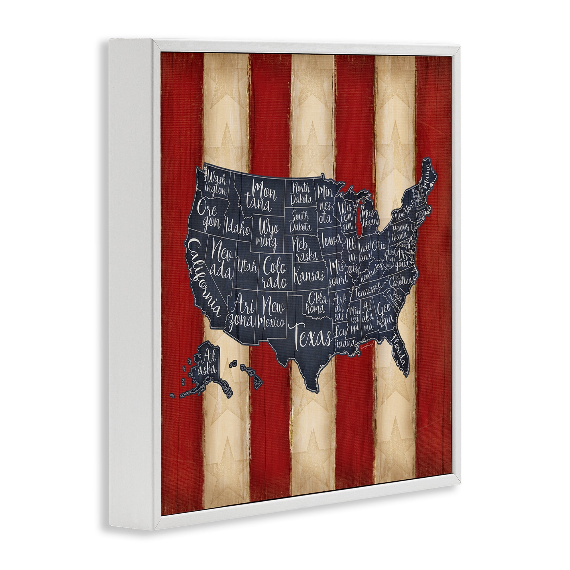 Stupell Industries United States Map on Stripes Art for Kids Painting White Framed Art Print Wall Art, 17 x 17