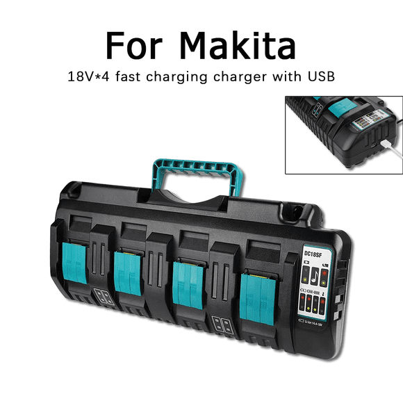Battery Charger for Makita 18v Battery, 4-Port Charger Station DC18SF with 2 USB-A Ports, Simultaneous Rapid Charging for 4 Makita 14.4V 18v Lithium Batteries