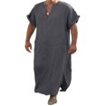 thumbnail image 1 of Mens V Neck Linen Robe Short Sleeve Kaftan Thobe Long Gown Saudi Arab Thobe Islamic Muslim Dubai Robe, 1 of 5