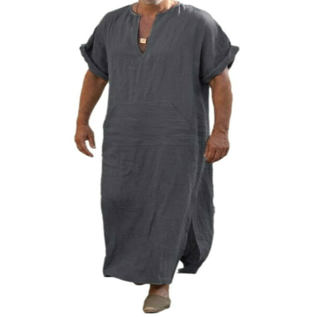 Robe en Lin Col en V pour Hommes Manches Courtes Kaftan Thobe Longue Robe Saudi Arabe Thobe Islamique Musulman Dubai Robe