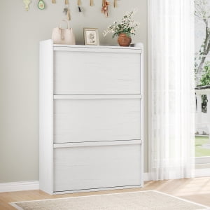 Rugerasy Wooden Shoe Organizer with Adjustable Shelf,Shoe Cabinet with 3 Flip Drawers,Shoe Storage for Entryway,Hidden Shoe Cabinet for Hallway,Living Room,Antique White