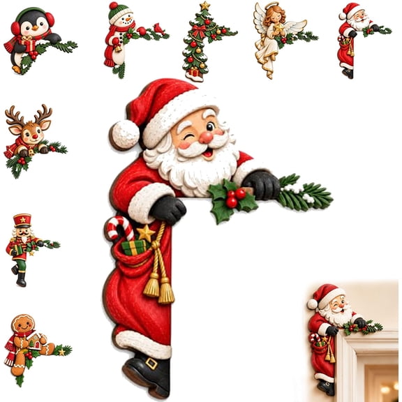 Christmas Peekaboo Character Door Corner Decor, 3D Wooden Christmas Door Frame Topper, Easy to Install for Door, Window and Cabinet Corners, #A