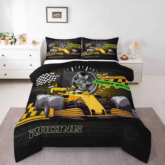 Erosebridal Yellow Car Bedding Twin Comforter Set,Extreme Sport Down Comforter,Geometric Buffalo Bedding Sets Twin with Comforter,Breathable Automobile Room Decor,Reversible,3pcs