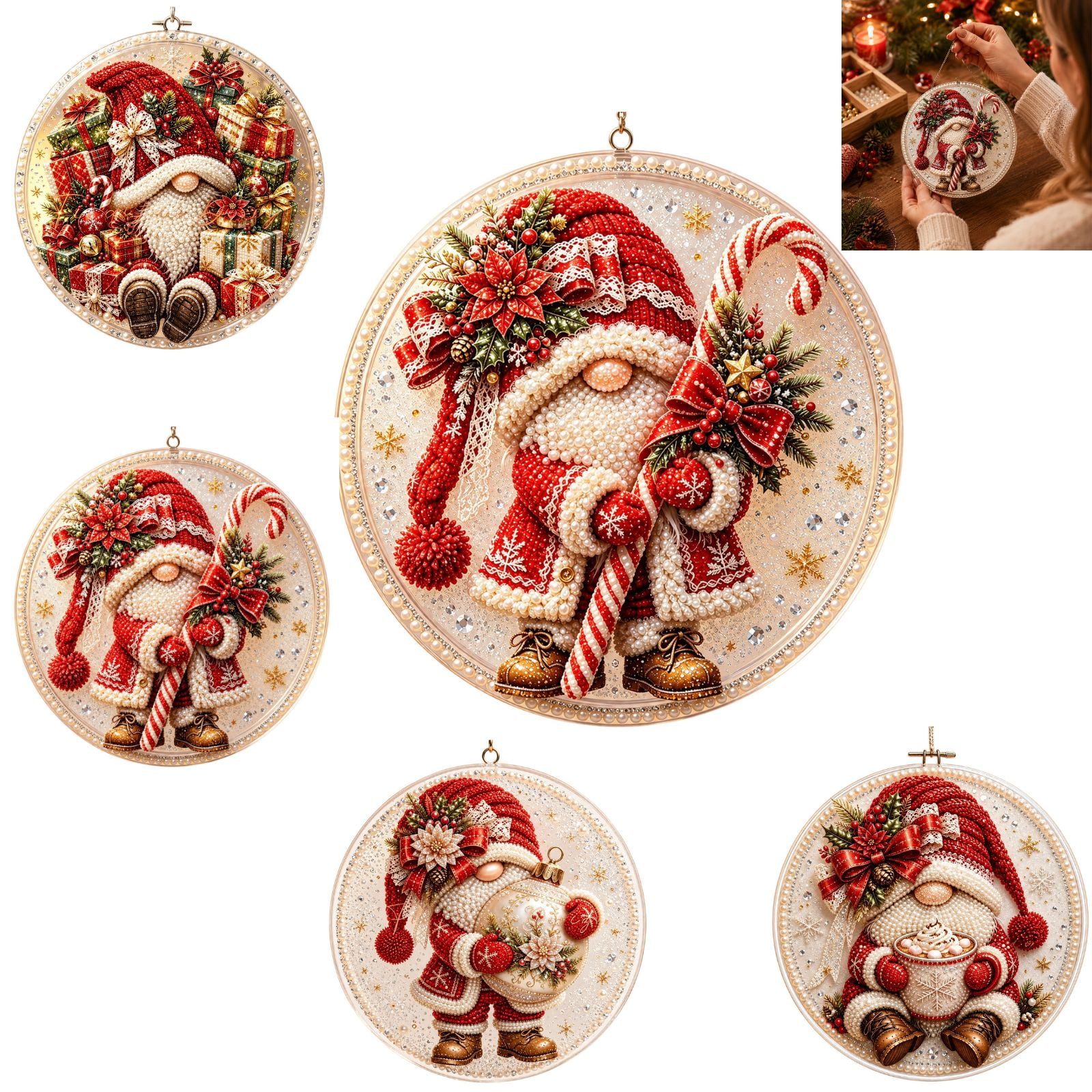 Christmas Gnome Diamond Art Ornament Kit DIY 2D Diamond Painting Kit Christmas Tree Decoration Handmade Craft Supplies for Holiday Wall Window Door Party Decor A