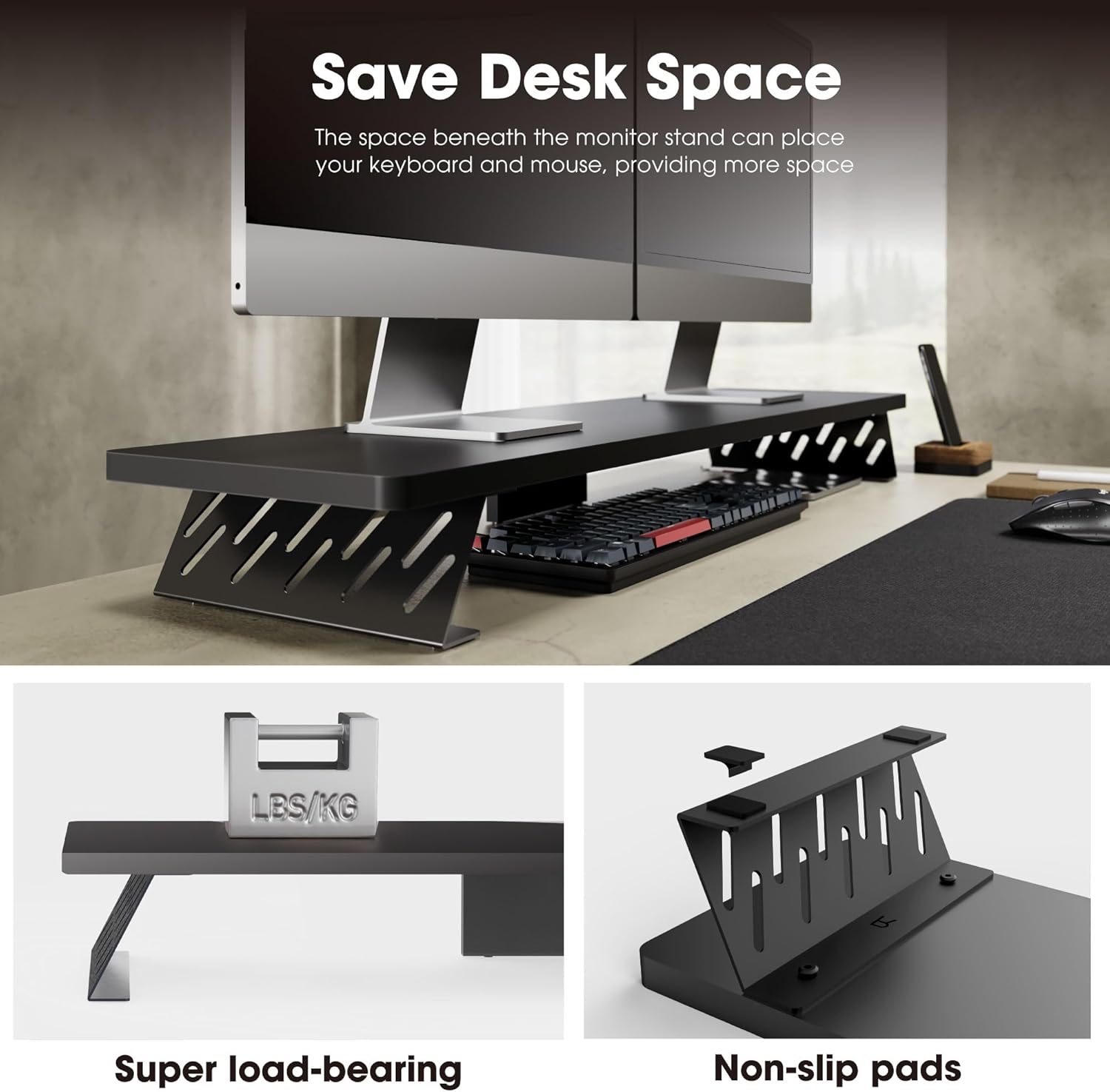 Wood and Steel Dual Monitor Stand Riser for Desktop, Laptop, PC, and Printer