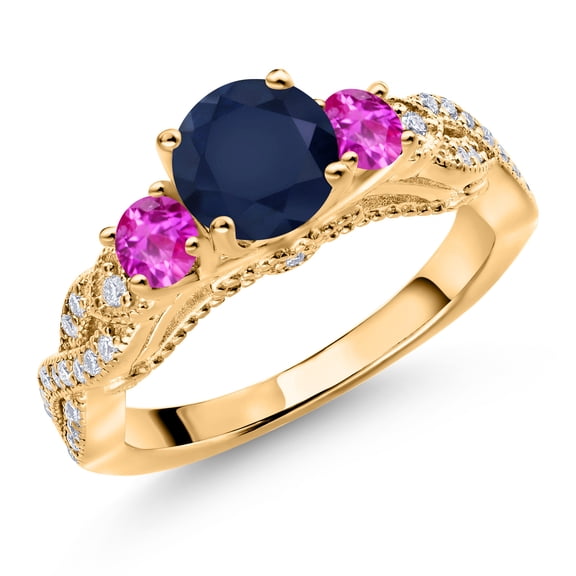 Gem Stone King 18K Yellow Gold Plated Silver Blue Sapphire Pink Sapphire and White Moissanite Engagement Ring for Women (1.63 Cttw, Gemstone September Birthstone, Round 6MM and 3MM, Size 8)