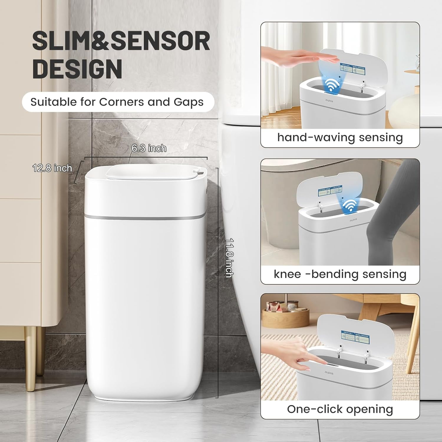 Joybos 3.5 Gal Touchless Motion Sensor Trash Can, Waterproof Slim Plastic Garbage Bin with Lid for Bathroom Bedroom Kitchen Office