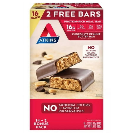Atkins Meal Bar Chocolate Peanut Butter Pack (14 Count + 2 Bonus Bars)