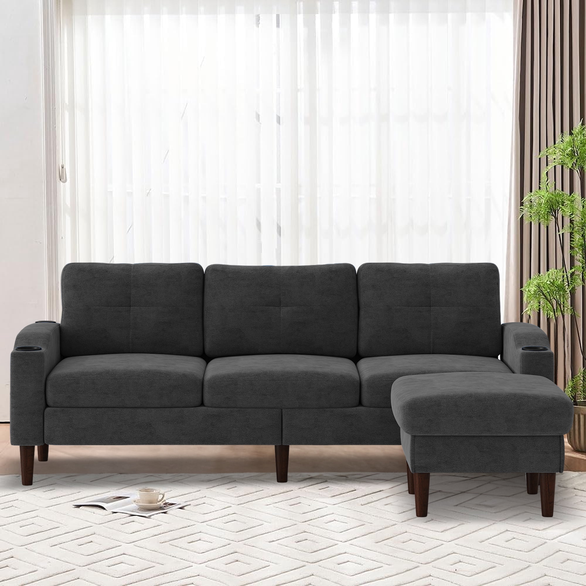 Aukfa L Shaped Sectional Sofa with USB Ports and Cup Holders, 78" 3 Seater Couch with Storage Ottoman, Dark Gray