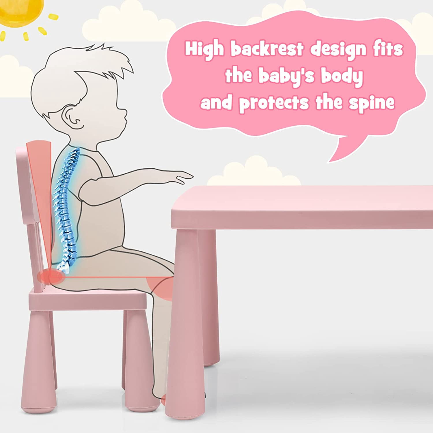ZJTER Kids Table and Chair Set, Plastic Children Activity Table and 2 Chairs for Art Craft, Easy-Clean Tabletop, 3-Piece Toddler Furniture Set for Daycare Playroom, Gift for Boys Girls(Pink)