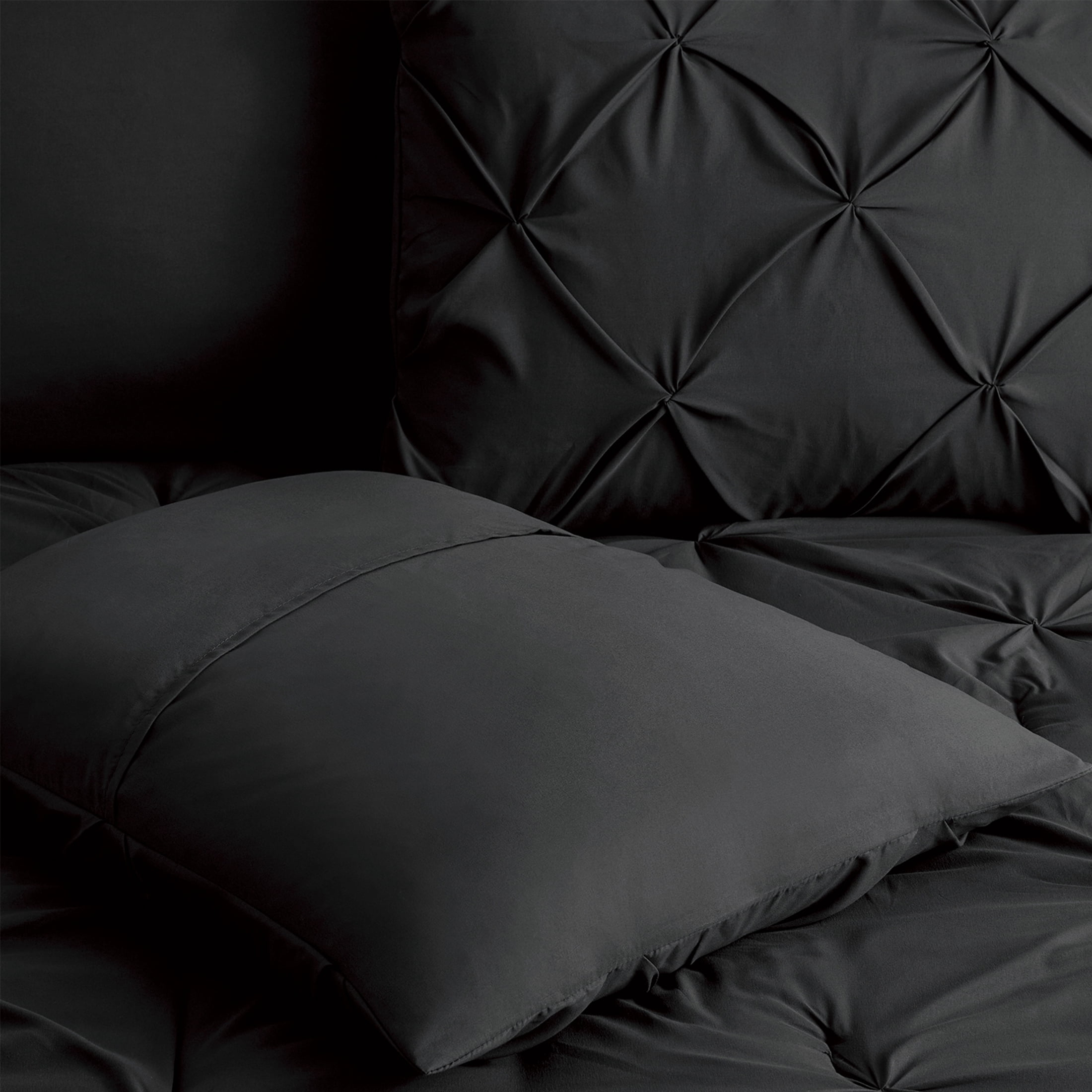 Bourina Comforter Set, 3-Piece, California King, Pleated Wrinkle-Resistant Microfiber Bedding, Black, All-Season
