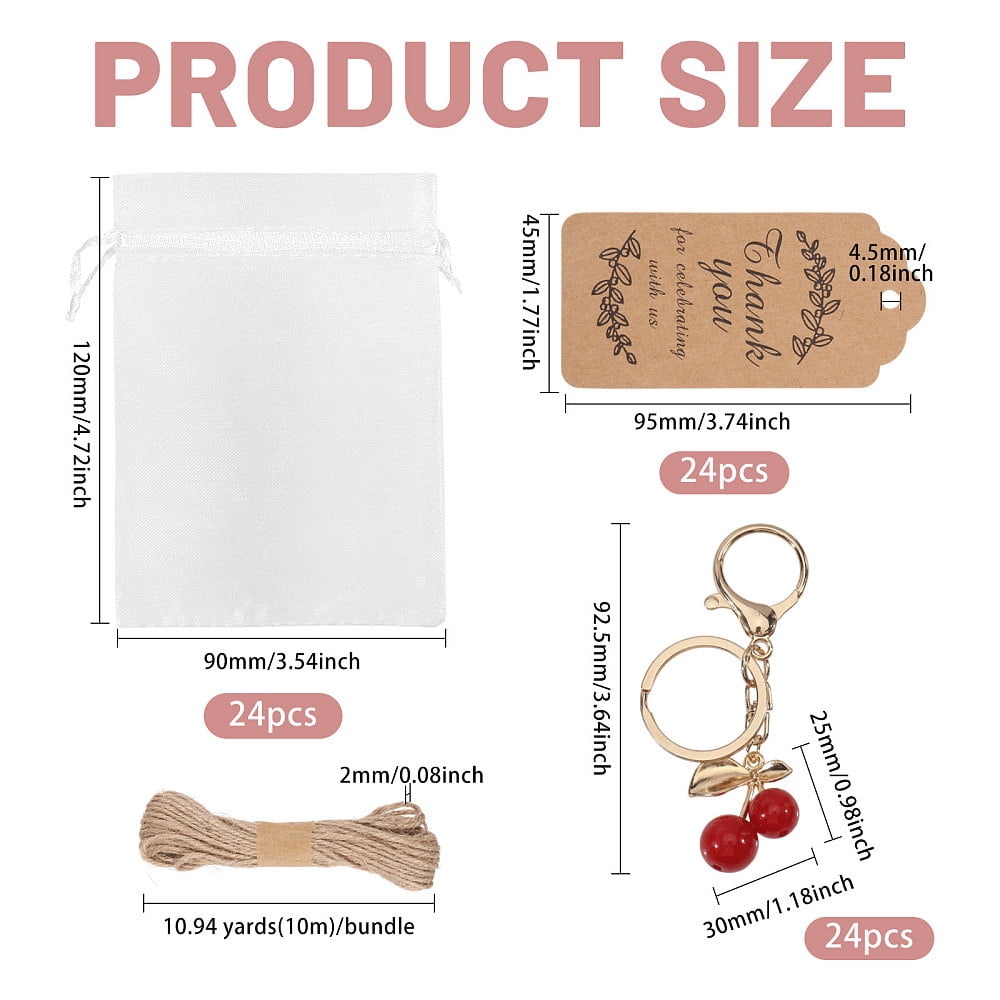 Zinc Alloy Resin Cherry Keychains with Jute Cord Kraft Paper Price Tag Organza Bags Golden Mixed Color 92.5mm DIY