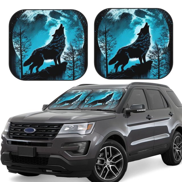 Fotbe Blue Full Moon Wolf Juego de 2 Piezas de Parasoles para Parabrisas | Bloqueador Solar para Auto | Accesorios Plegables para Protección Solar Interior-Medium