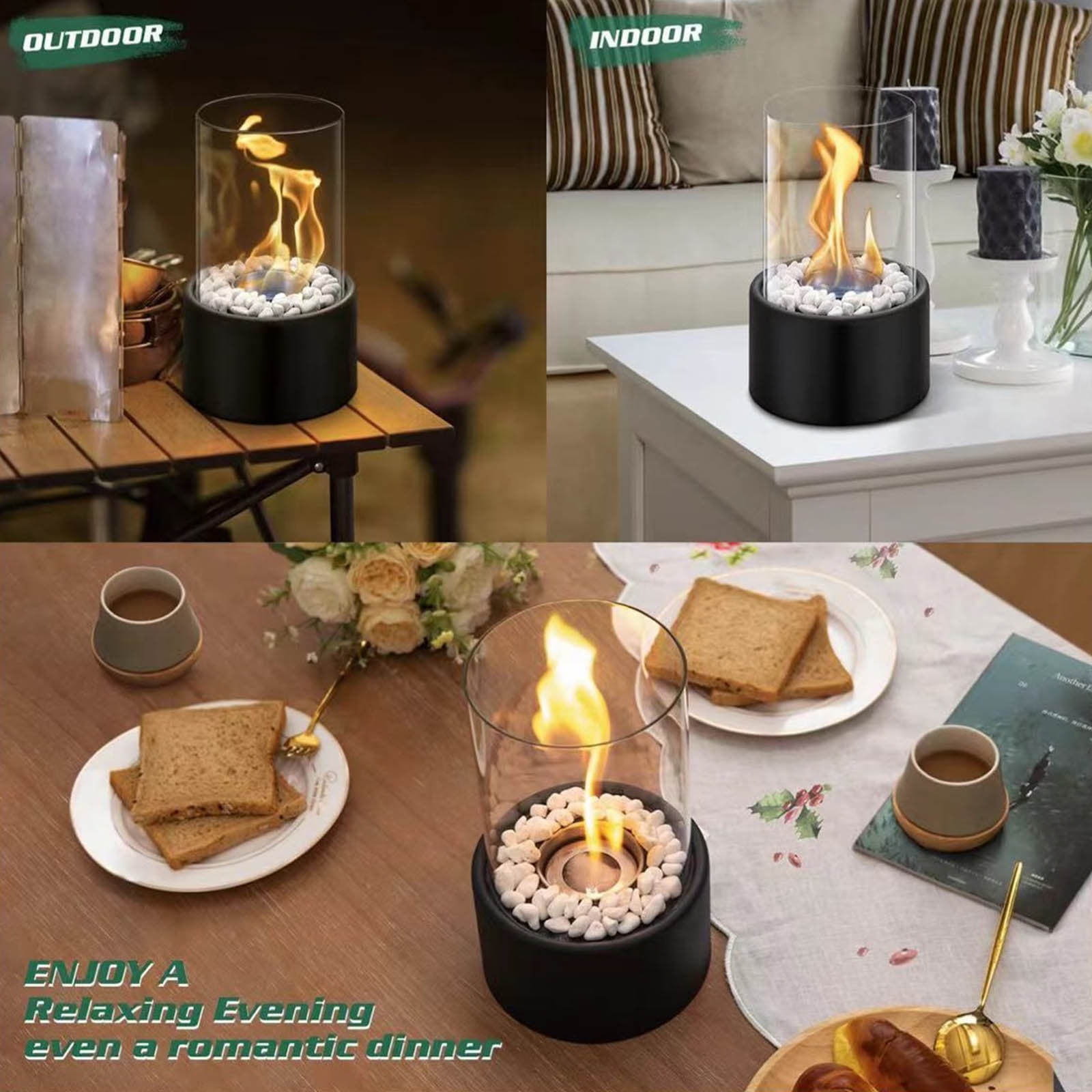 Tabletop Fire Pit, Portable Indoor/Outdoor Mini Small Fireplace with White Stones, Smores Maker, Table Top Decor for Housewarming Christmas Birthday Gift(Black)