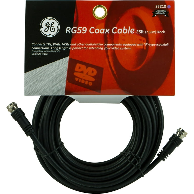 25ft BLACK COAXIAL RG6 CABLE TV VCR DVR INTERNET F CONNECTOR INDOOR OUTDOOR  COAX