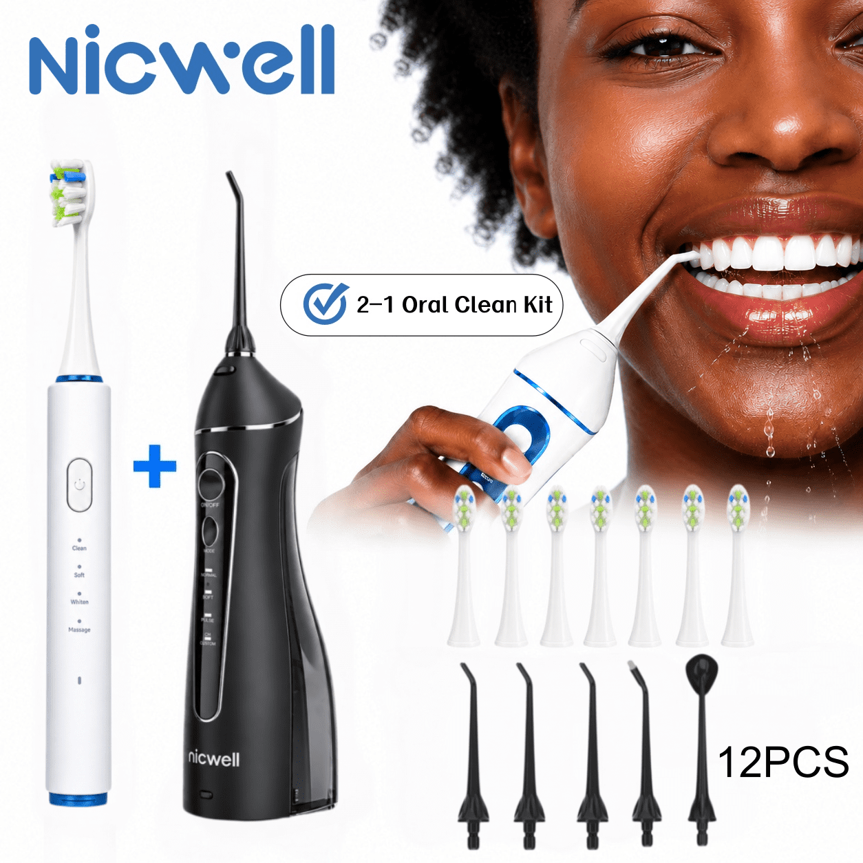 NICWELL 2-in-1 Oral Care Kit, Cordless Water Flosser and Sonic Electric Toothbrush Combo, Rechargeable Dental Cleaning System with 4 Jet Tips, 4 Brush Heads for Home & Travel