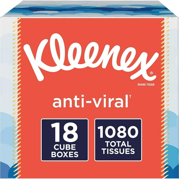 Kleenex Anti-Viral Facial Tissues, Cube Box, 60 Tissues per Box, 18 Packs (1,080 Tissues Total)