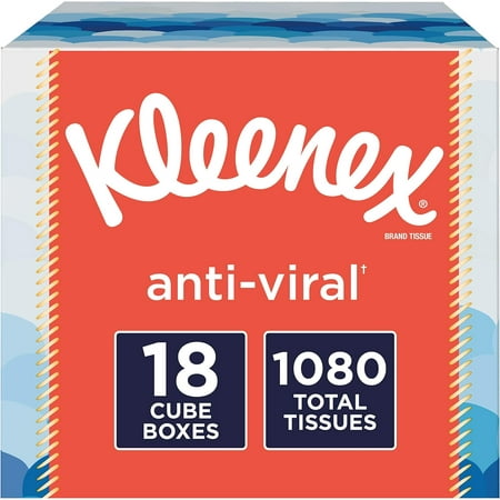 Kleenex Anti-Viral Facial Tissues, Cube Box, 60 Tissues per Box, 18 Packs (1,080 Tissues Total)
