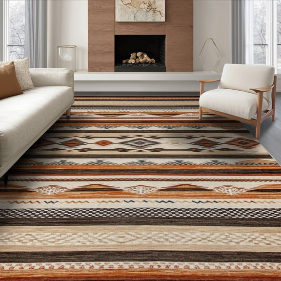 ODIKA 8'x10' Washable Area Rug Durable, Non-Slip Waffle Boho Southwestern Striped Checkered Bands Tweed for Living Room, Under Sectional, Family