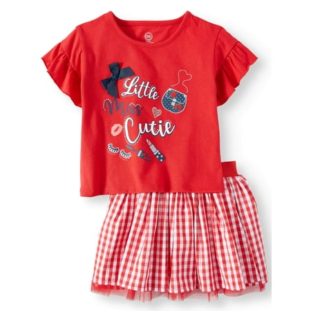 Wonder Nation Ruffle Sleeve Top & Reversible Skirt, 2pc Outfit Set (Toddler Girls)