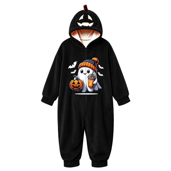 BOOMNY Halloween Flannel Pajamas Jumpsuit for Men And Women Hallowmas Pumpkin Face Graphic Long Sleeve Hooded Pjs Jumpsuit Cozy Warm Loungewear Homewear