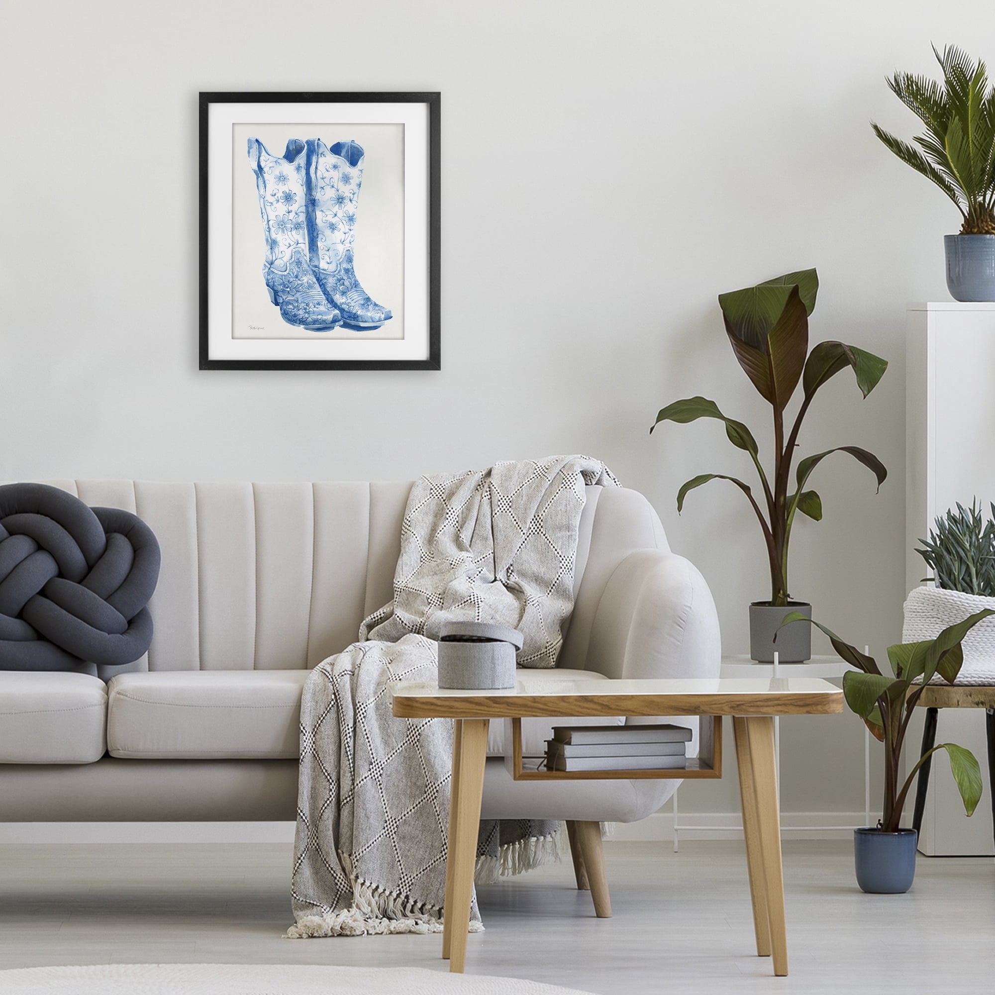 Stupell Industries Blue Boots with Floral Embroidery Black Framed Print Under Glass, design by Beth Grove