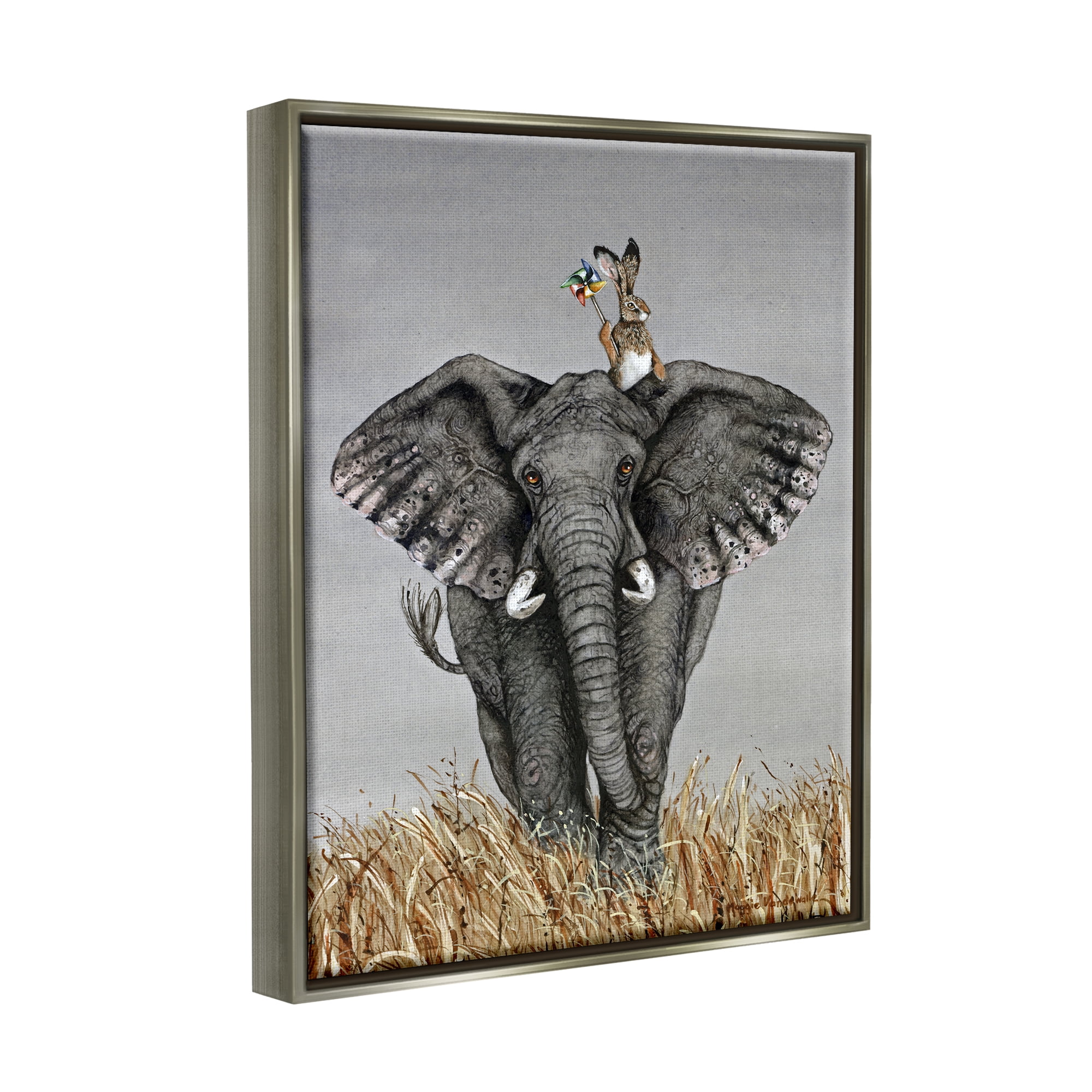Stupell Industries Elephant & Rabbit Landscape Animals & Insects Painting Gray Floater Framed Art Print Wall Art, 17 x 21
