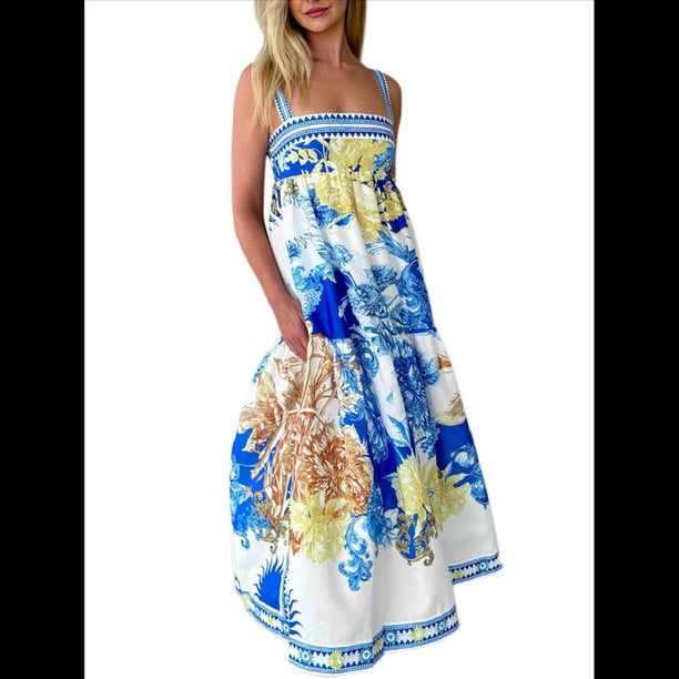 Vestido Bohemio Floral Y2K Sin Mangas para Mujer, Estampado con Tirantes Finos, Corte en A, para Vacaciones y Playa. Azul XL