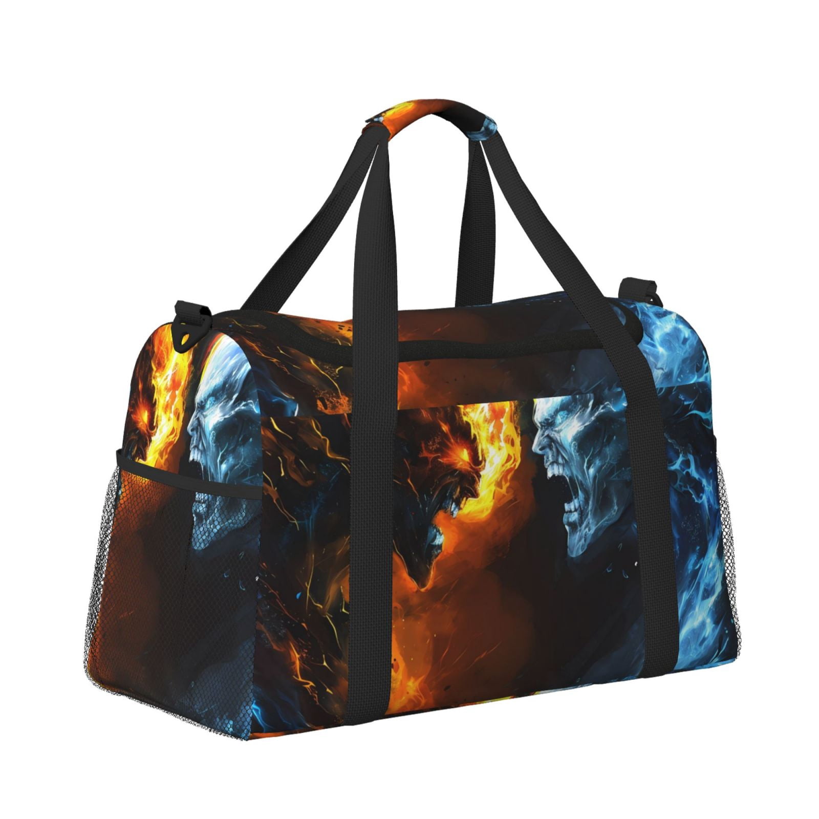 Fuzoiu Red And Blue Fire Skull Warrior Print Travel Duffle Bag,Carry On Tote Bags,Duffel Bag,Sport Gym Bag, Hospital Bag for Labor and Delivery, Overnight Bag,Luggage Bag