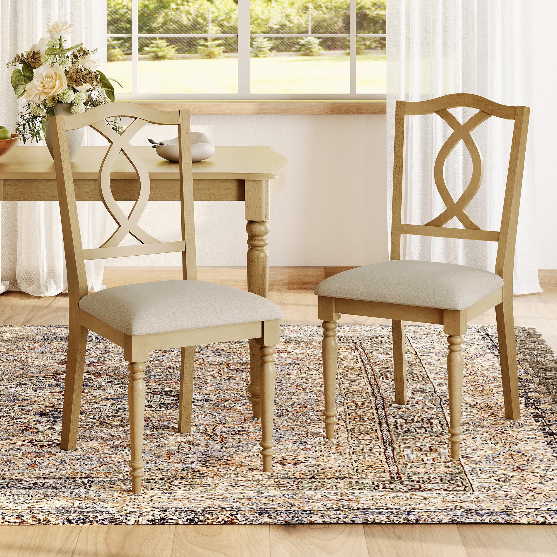 Set of 2 Dining Chairs with Cross-Back & Upholstered Seat, Oak
