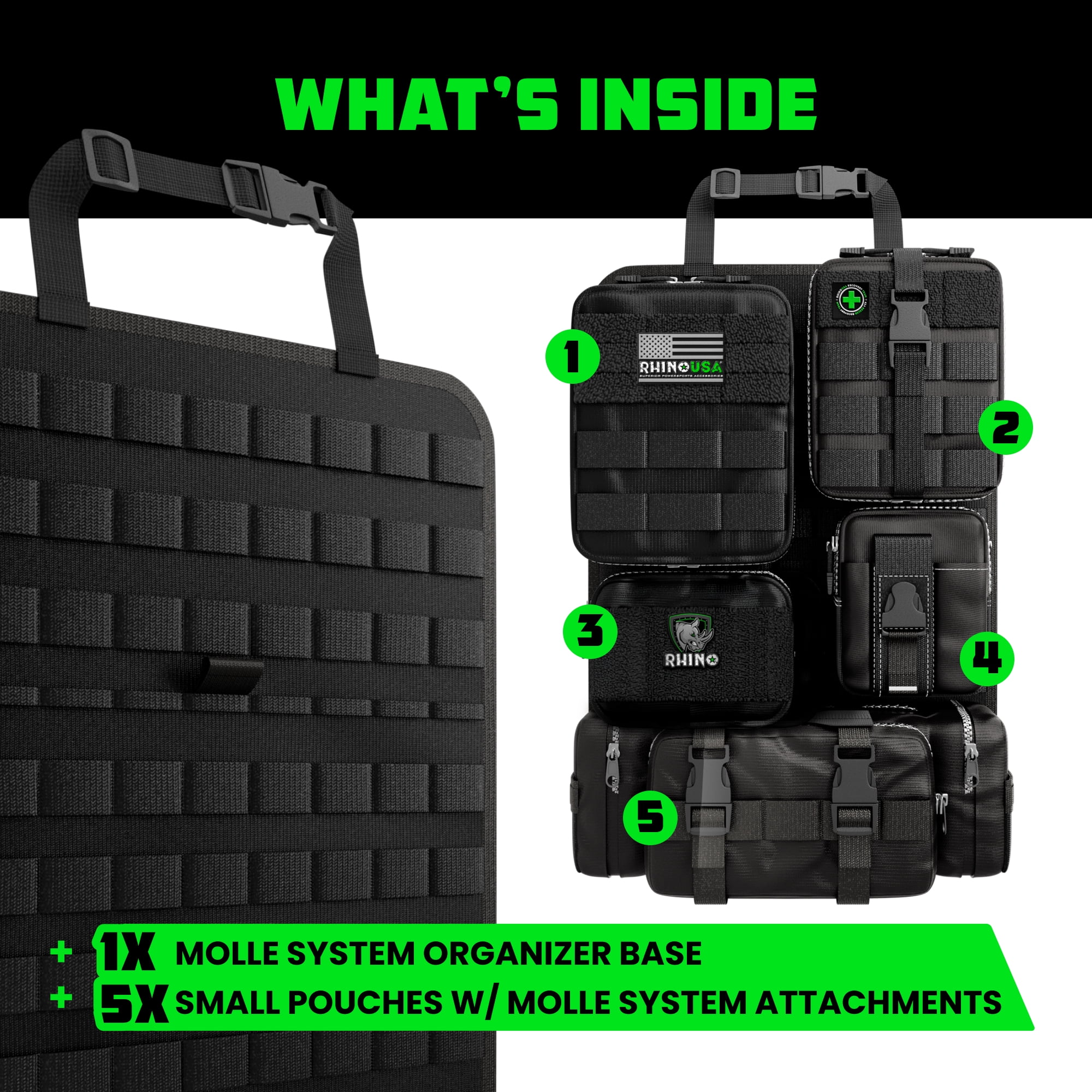 Rhino USA Tactical Car Seat Organizer w/ Multiple Pockets & Car Accessories for SUV, Truck, Car (Black)