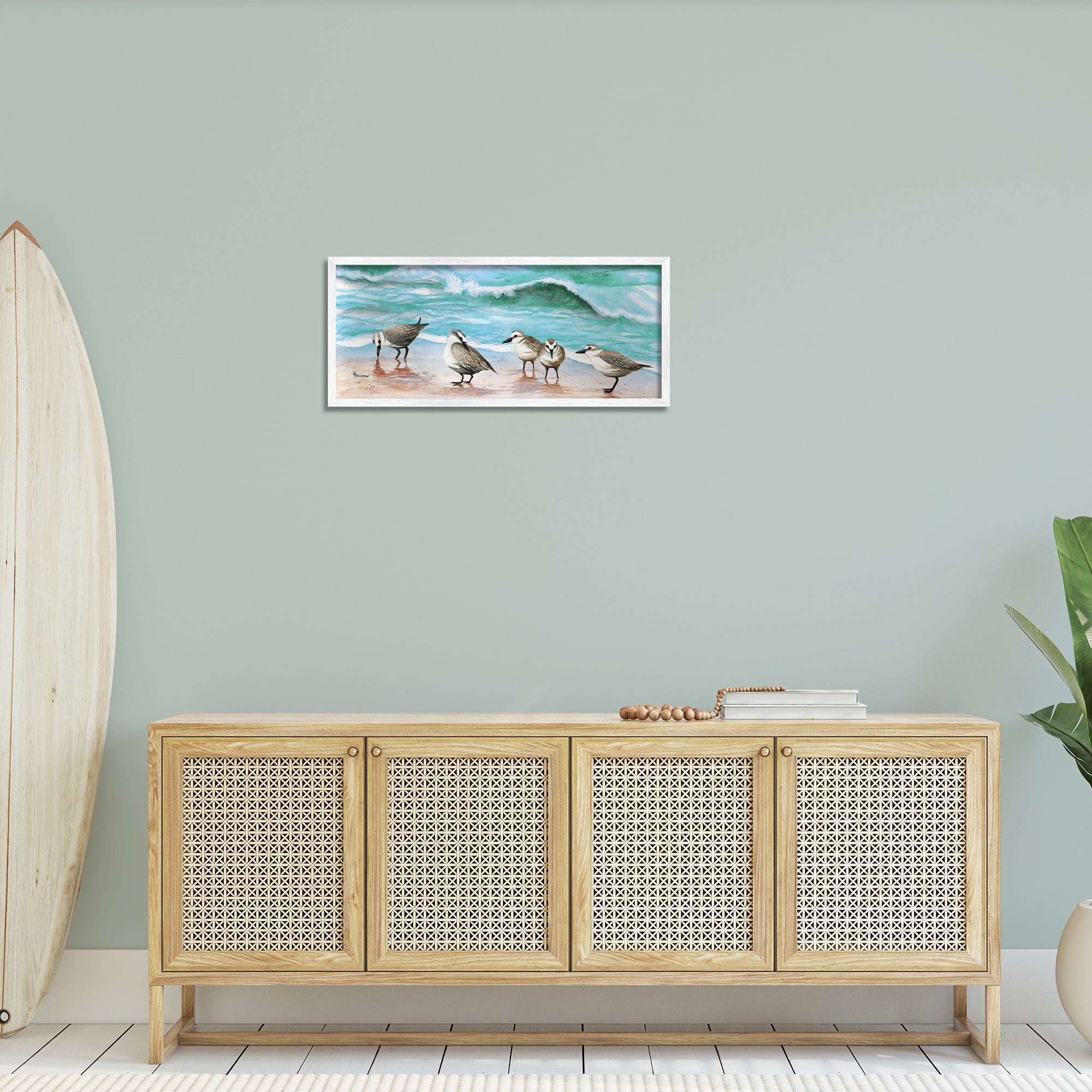 Stupell Industries Sandpipers Along Beach Shore Animals & Insects Painting White Framed Art Print Wall Art, 30 x 13