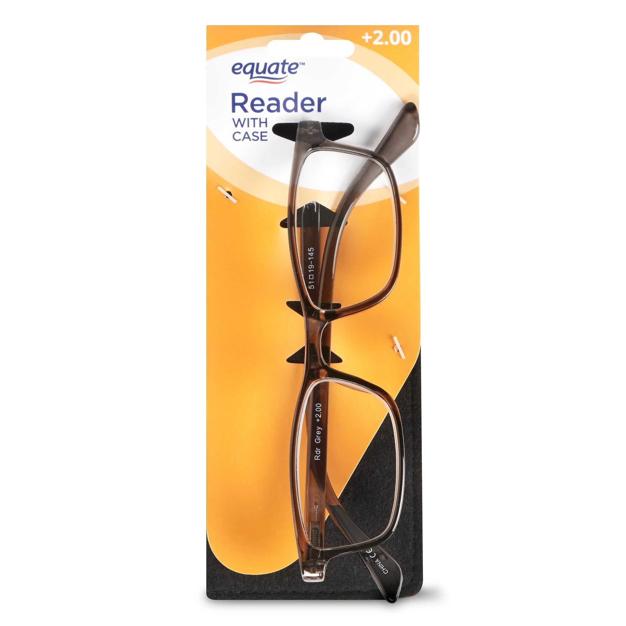 (2 pack) Equate Unisex Rectangular Reading Glasses, Single Vision with Case, Plastic Lenses, Steel Gray,+2.00