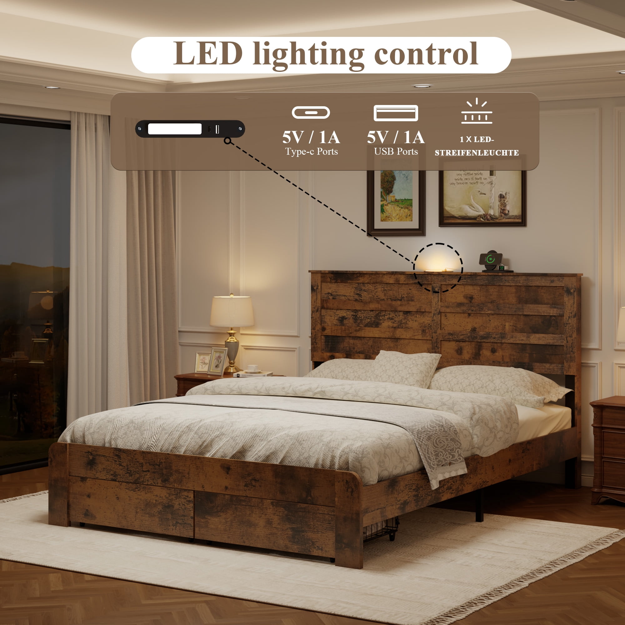 Full Rustic Platform Bed 77.83 Inch, LED Lighting Headboard with USB and Type C Charging, Under Bed Storage Drawers, No Box Spring Needed, Dark Brown