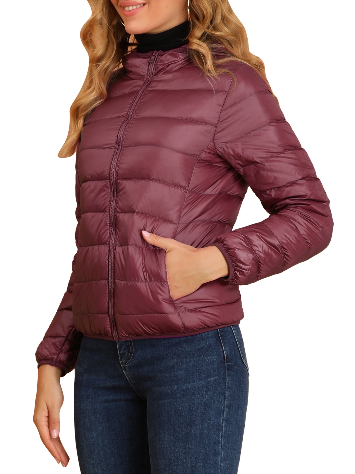 DARING DIVA Women's Hooded Zip Up Short Down Lightweight Jacket L Burgundy