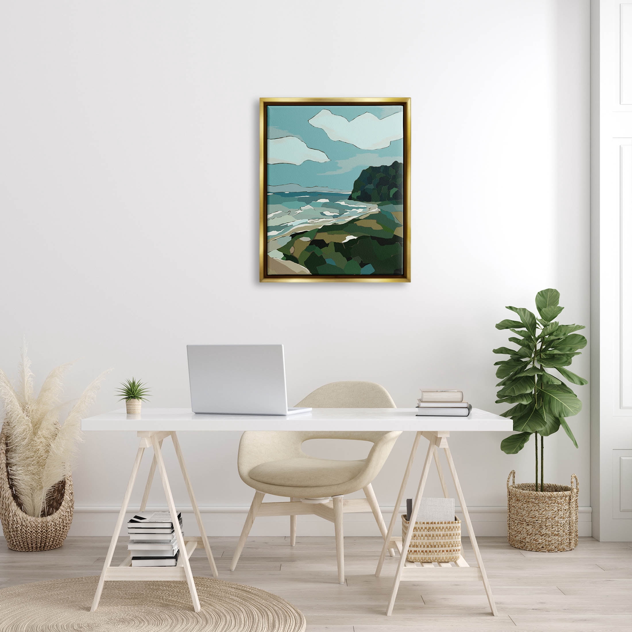 Stupell Industries Cloudy Blocked Beach Cliffs Landscape Graphic Art Metallic Gold Floating Framed Canvas Print Wall Art, Design by Nikita Jariwala
