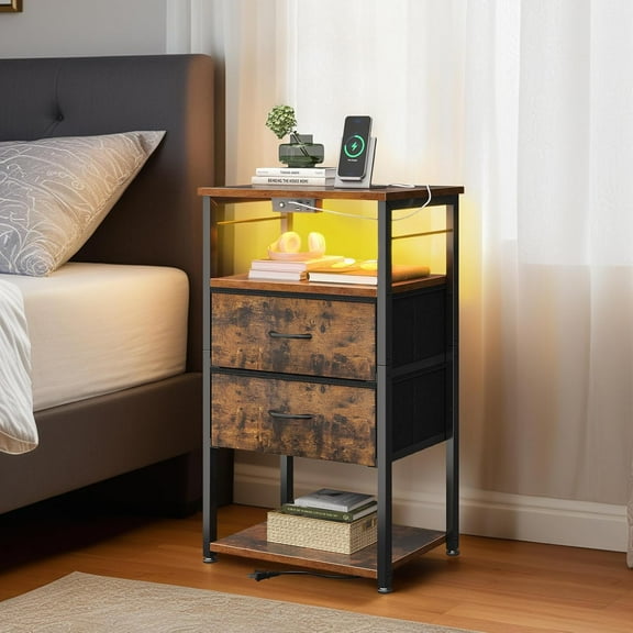 Tall Nightstand with Charging Station and LED Lights, Bedside Table with Fabric Drawers, Open Shelves Storage for Bedroom, Vintage