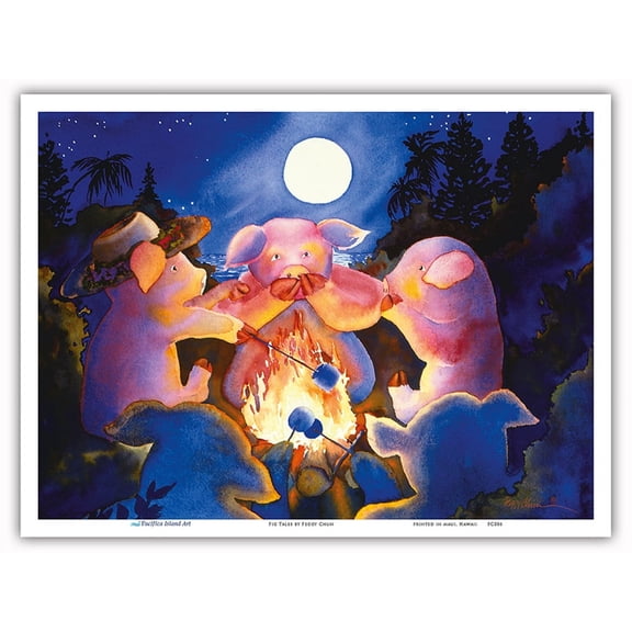 Pig Tales - Hawaiian Pigs (Pua’a) Roasting Marshmallows Over a Campfire - From an Original Hawaii Watercolor Painting by Peggy Chun - Master Art Print (Unframed) 9in x 12in