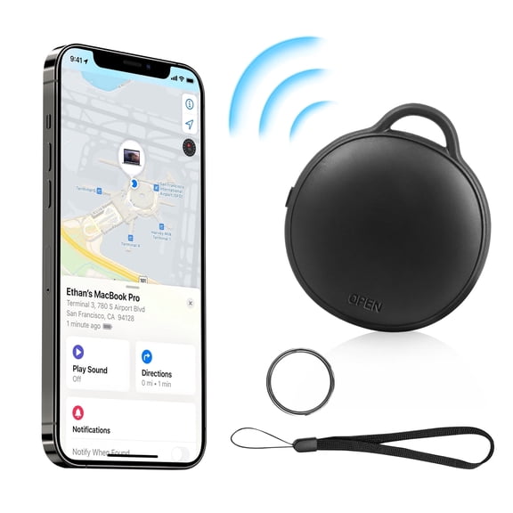 Celectigo Bluetooth Tracker for Apple Find My, iOS Only Smart Item Finder for Keys and Luggage, IP67 Water-Resistant Tag with Replaceable Battery and Lanyard, Black