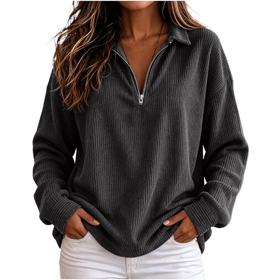 Hurxie Womens Long Sleeve Quarter Zip Pullover Sweater Casual Loose V Neck Sweaters , Collared Ribbed Knit Jumper Tops, Oversized Tunic Tops Gray,2XL
