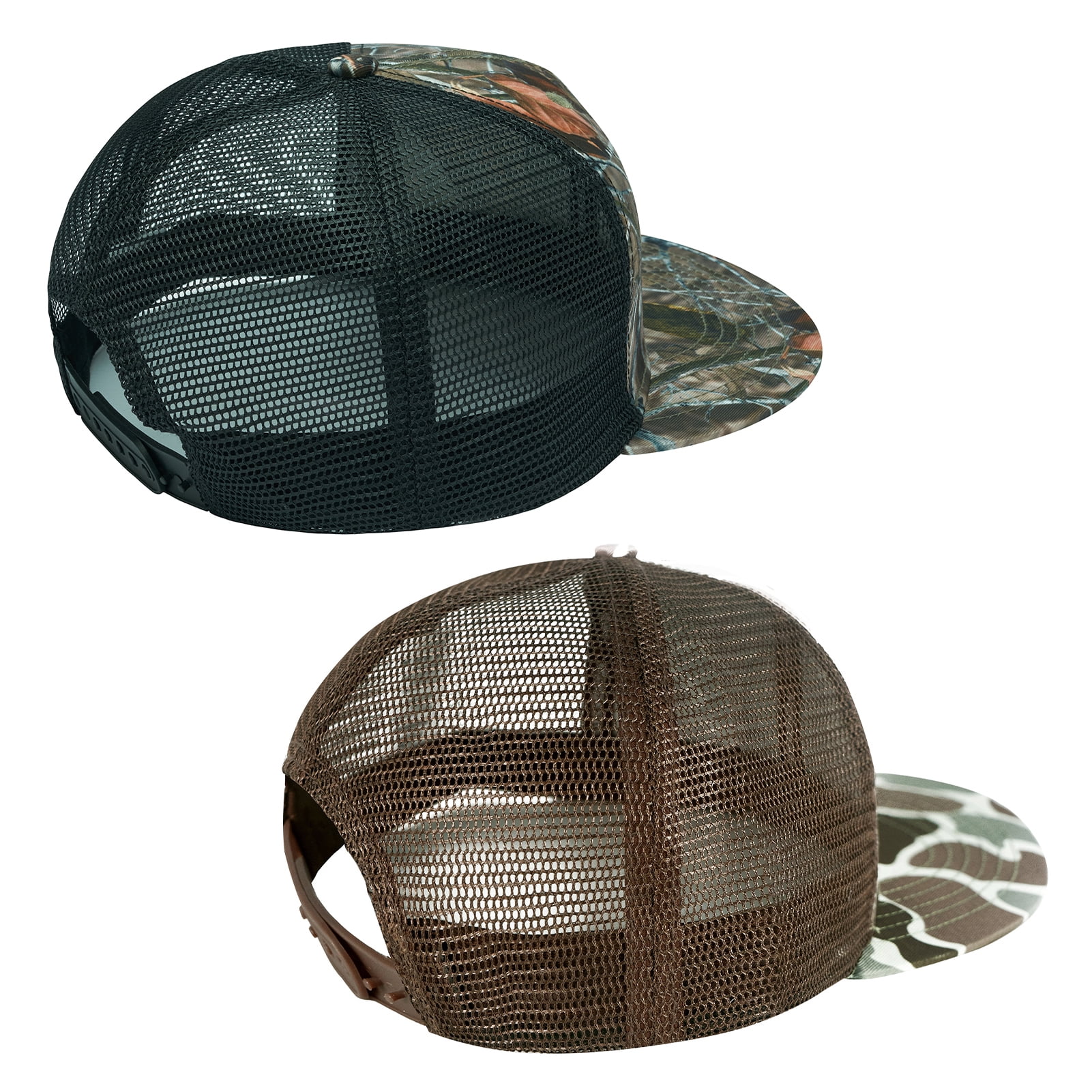 BASSDASH 2 Pack Flat Brim Trucker Cap Adjustable Snapback Hat Mesh Back For Men Women Fishing Hunting