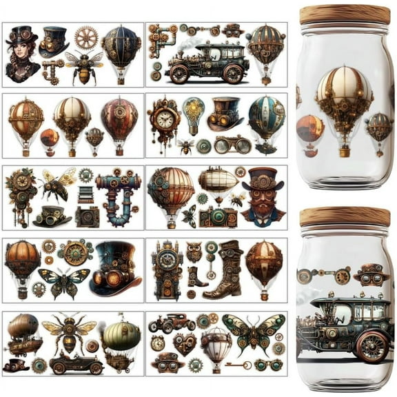 10 Sheets Steampunk Style UV DTF Cup Wraps Aesthetic Transfer Stickers Antique Vinyl UV Rub Transfer Stickers for 16 Oz Glass Cups Milk Tea Cups Mugs Container Decor