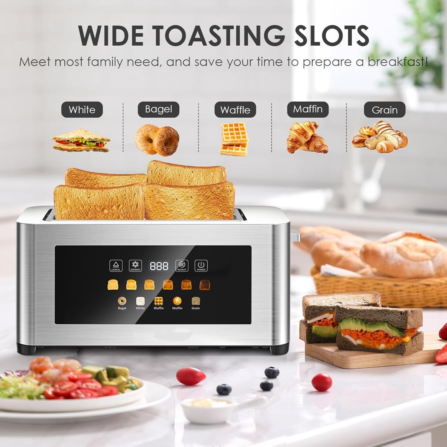 Maircle Toaster 4 Slice, Long Slots 1.5" Extra Wide Slots for Bagels & Waffles, TouchScreen, 6 Browning Levels, Timer, Defrost, Cancel Function, Auto Shut-Off, Removable Crumb Tray, Stainless Steel